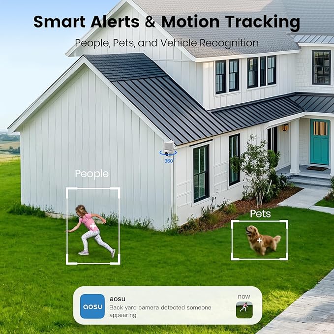 AOSU Solar Security Cameras Wireless Outdoor - 3K 5MP Home Security Camera, 360° Panoramic View, 400-Lumen Floodlight Camera, Color Night Vision, WiFi Cameras, Auto Tracking, AI Human Detection,2 Pack