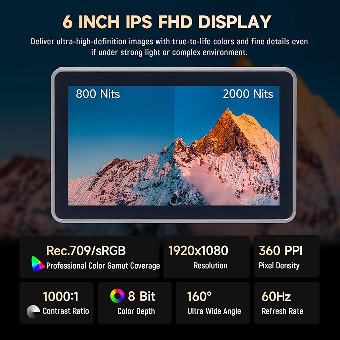 VILTROX DC-X3 2000 Nits SDI Camera Field Monitor Kit with Rig Cage, 4K HDMI 6" Touchscreen On Camera Video Monitor w Sunshade Hood/Battery, 3D Lut 1920X1080 HD Full Waveform Focus Peaking VectorScope