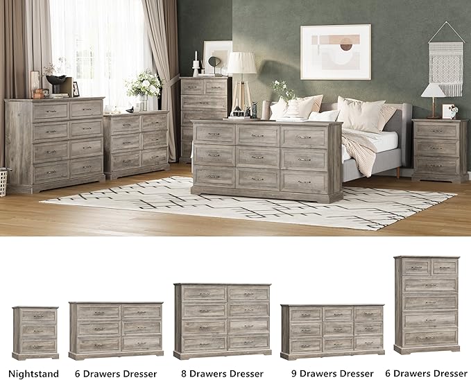 Nightstand Set of 2,24" Wide End Table with 3 Large Drawers & Metal Handles,Rustic Farmhouse Wood Small Dresser,Bedside Table,Modern Chest of Drawers for Bedroom,Living Room,Grey