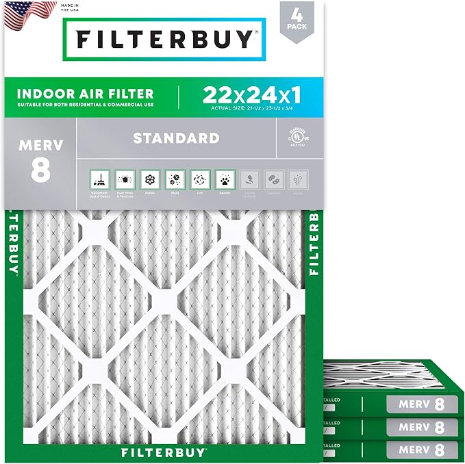 Filterbuy 22x24x1 Air Filter MERV 8 Essential Dust & Allergy Defense, by Filterbuy