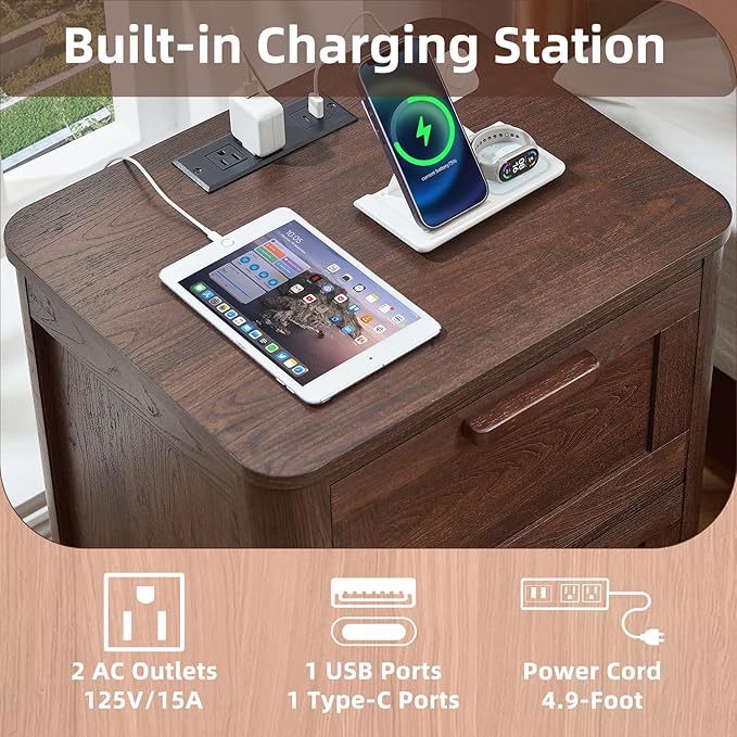 Joaxswe Farmhouse Nightstand with Charging Station, End Tables Bedroom with 2 Large Drawers & 4 Thickened Table Legs, Walnut