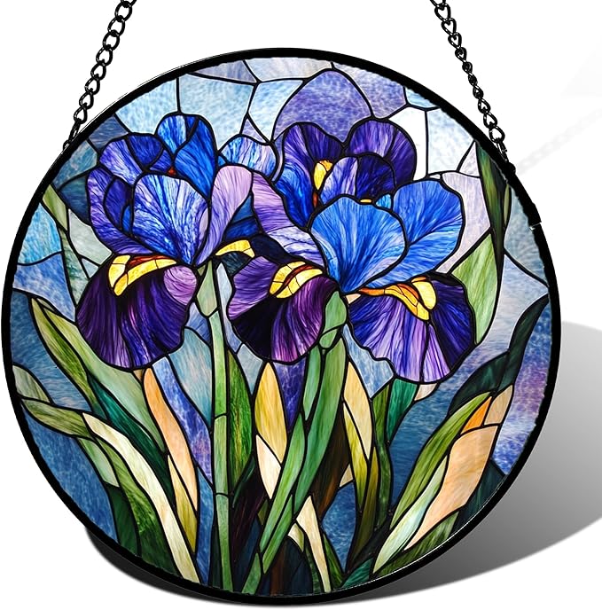 CRISGIF Stained Glass Window Hanging - Blue Purple Iris Flower Suncatcher for Door Garden Patio Sun Catchers Decor Christmas Mother's Day Birthday Gifts for Women Men Mom Nana Aunt Friend 11.8 in