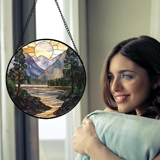 AMDERVEN Stained Glass Window Hanging, Sunset Mountains Lake Tree Sun Catcher for Window Home Decor Landscape Suncatcher Mother's Day Birthday Gifts for Women Men Mom and Nana 15 in