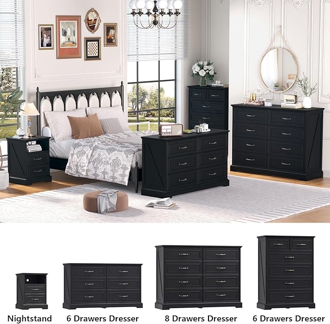 Nightstand with Charging Station Set of 2,18" Wide End Table with 2 Large Drawers & Metal Handles,Farmhouse Wood Small Dresser,Bedside Table,Modern Chest of Drawers for Bedroom,Living Room,Black