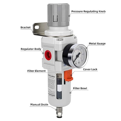 NANPU 3/4" NPT Compressed Air Filter Regulator Combo Piggyback, 5 Micron Brass - Image 2