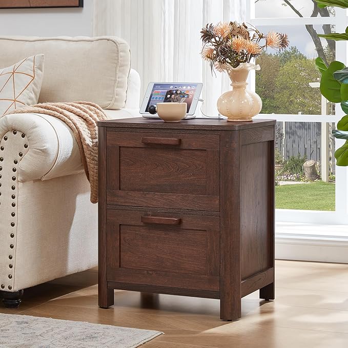 Joaxswe Farmhouse Nightstand with Charging Station, End Tables Bedroom with 2 Large Drawers & 4 Thickened Table Legs, Walnut