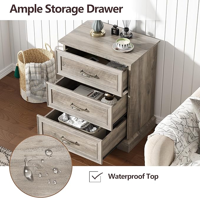 Nightstand Set of 2,24" Wide End Table with 3 Large Drawers & Metal Handles,Rustic Farmhouse Wood Small Dresser,Bedside Table,Modern Chest of Drawers for Bedroom,Living Room,Grey