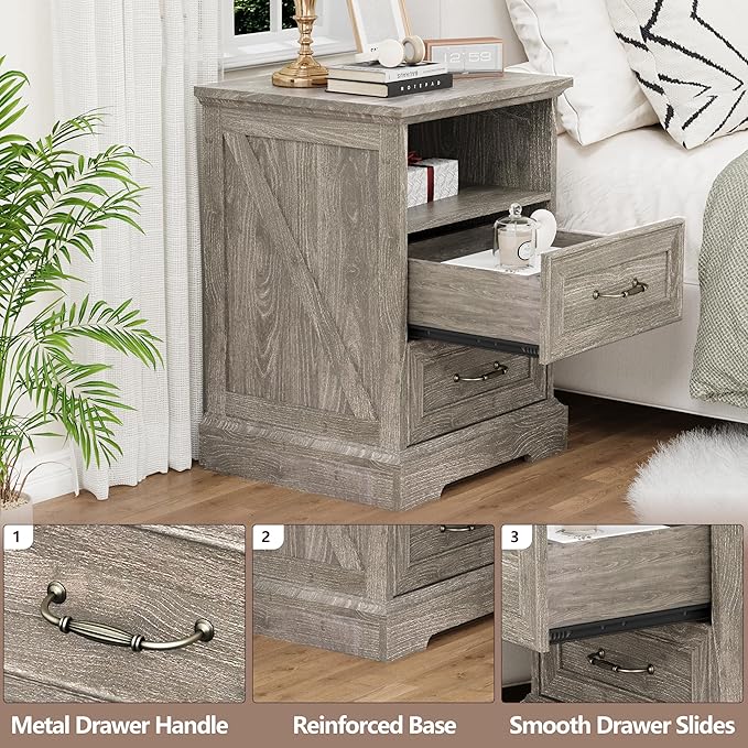 Nightstand with Charging Station,18" Wide End Table with 2 Large Drawers & Metal Handles,Rustic Farmhouse Wood Small Dresser,Bedside Table,Modern Chest of Drawers for Bedroom,Living Room,Dark Grey
