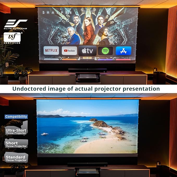 Elite Screens Kestrel Tab-Tension 3 CineWhite, 150 inch 16:9 Aspect Ratio, ISF Certified, Electric Floor-Rising Motorized Tab-Tensioned Front Projector Screen, Programmed Remote Kit, FTE150H3