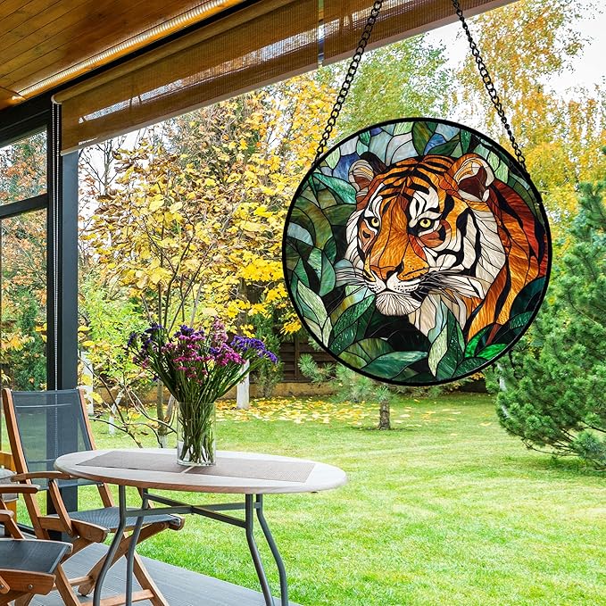 AMDERVEN Stained Glass Window Hanging, Fierce Tiger Sun Catcher for Door Home Decor Wild Animals Suncatcher Christmas Mother's Day Birthday Gifts for Women Men Mom and Nana 9.8 in