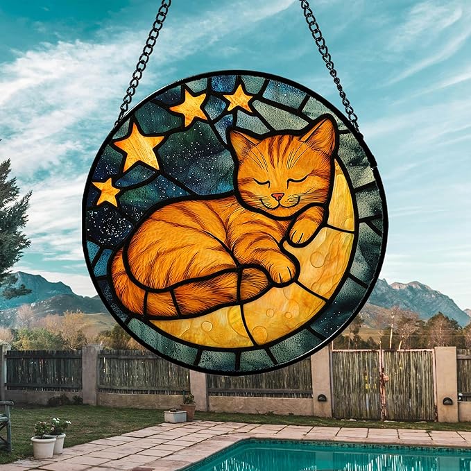 AMDERVEN Stained Glass Window Hanging - Orange Cat Sun Catcher for Door Home Decor Stars and Moon Suncatcher Christmas Mother's Day Birthday Loss of a Pet Gifts for Women Men Mom Nana 9.8 in