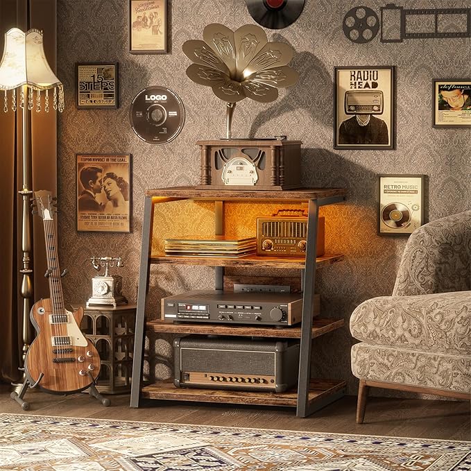 Besiost AV Media Stand with Outlets, Media Console with LED Lights, Stereo Racks and Stands with Storage Shelves, Media Audio Tower Cabinet, Rustic Brown