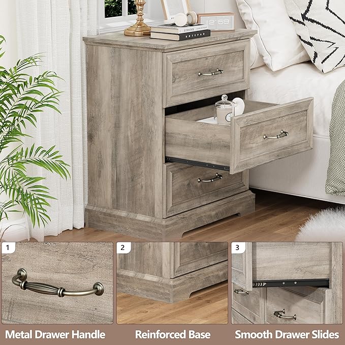Nightstand Set of 2,24" Wide End Table with 3 Large Drawers & Metal Handles,Rustic Farmhouse Wood Small Dresser,Bedside Table,Modern Chest of Drawers for Bedroom,Living Room,Grey