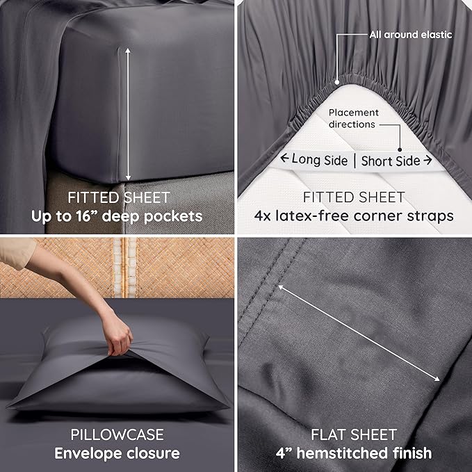 Bambaw 100% Viscose Derived from Bamboo Sheets King Size Set – 6pcs Set of Cooling Sheets for Hot Sleepers, Super Soft Bed Sheets King, Fits Up to 16'' Mattresses, Luxury Bedding Sets King (Charcoal)