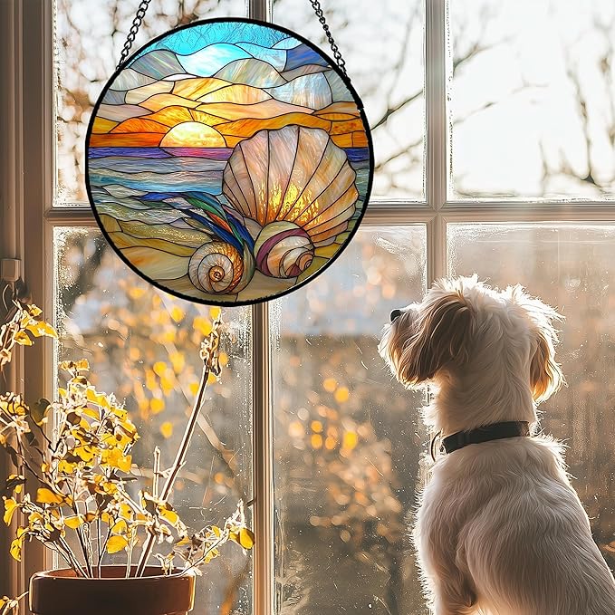 AMDERVEN Stained Glass Window Hanging - Colorful Beach Shells Conch Sun Catcher for Door Home Decor Ocean Suncatcher Christmas Mother's Day Birthday Sea Lover Gifts for Women Men Mom Nana 11.8 in