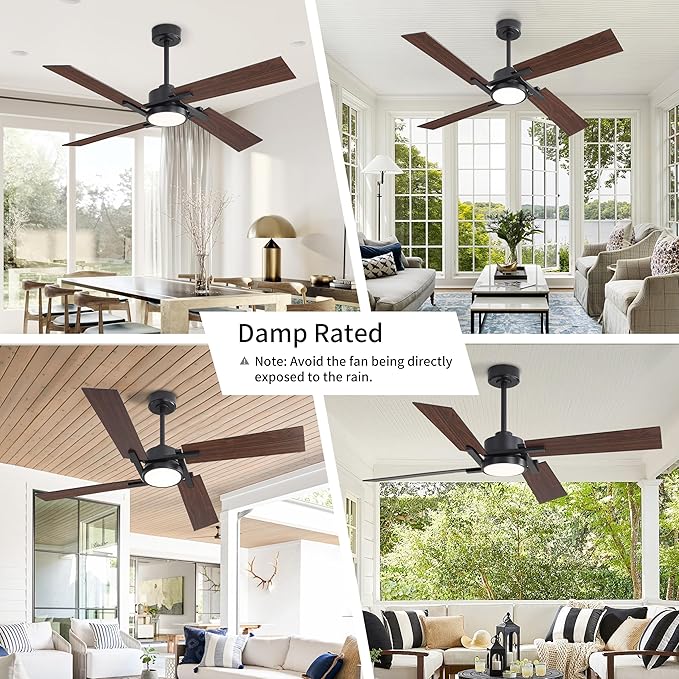 WINGBO 54 Inch Ceiling Fan with Light and Remote, 4 Plywood Blades, 6-Speed Reversible DC Motor, Dimmable, 3CCT, Farmhouse Ceiling Fan for Bedroom Living Room Kitchen, Black and Walnut/Shadowed Walnut