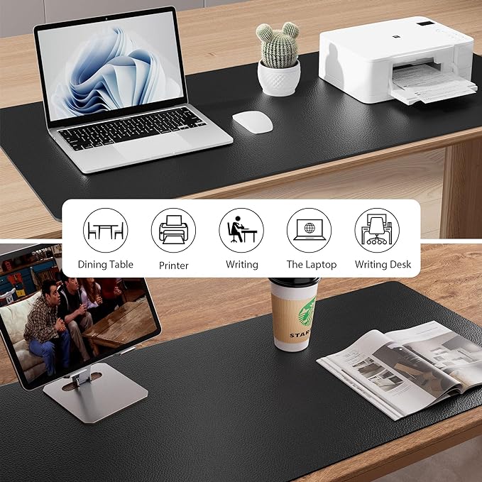 Aothia Non-Slip Waterproof PU Leather Desk Pad Protector for Mouse, Writing Desk, Office, Home, Laptop Blotter, 23.6" x 13.7", Black