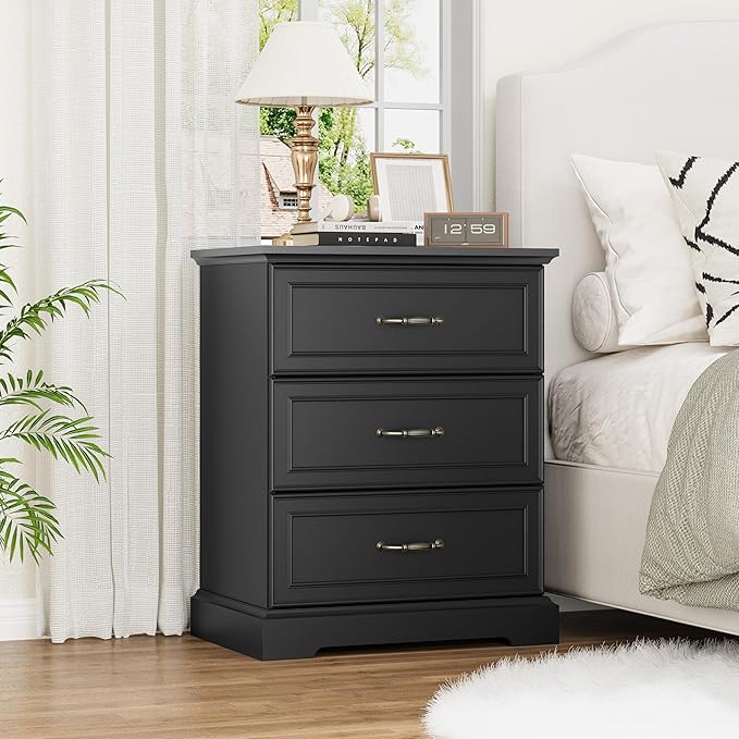Nightstand with 3 Large Drawers,24" Wide End Table with Metal Handles,Rustic Farmhouse Wood Small Dresser,Bedside Table,Modern Chest of Drawers for Bedroom,Living Room,Black