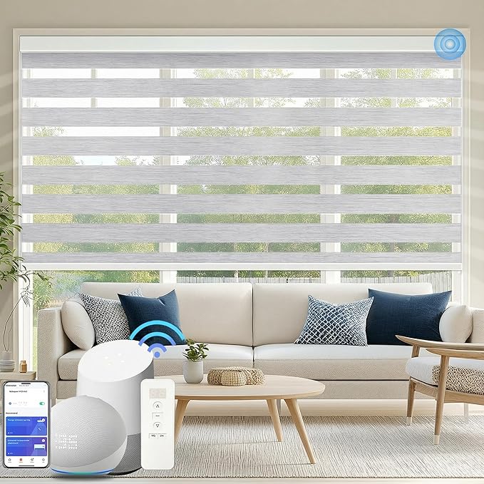 COOLWINDS Motorized Zebra Blinds for Windows Cordless Electric Curtains with Remote Control Blackout Shades Custom Smart Blinds Compatible with Alexa Google Home(95% Blackout Grey,W52 X 72in)