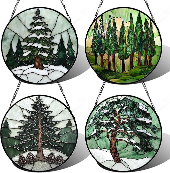 AMDERVEN Stained Glass Window Hanging 4 Pcs Set Forest Green Trees Winter Snow Large 15" - Suncatcher Door Garden Sun Catcher Home Decor Birthday Mother's Day for Woman Nana Mom Men