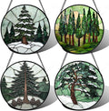 AMDERVEN Stained Glass Window Hanging 4 Pcs Set Forest Green Trees Winter Snow Large 15" - Suncatcher Door Garden Sun Catcher Home Decor Birthday Mother's Day for Woman Nana Mom Men