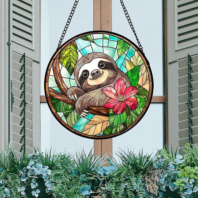 AMDERVEN Stained Glass Window Hanging, Cute Sloth Sun Catcher for Door Home Decor Animal Suncatcher Christmas Mother's Day Birthday Gifts for Women Men Mom and Nana 9.8 in