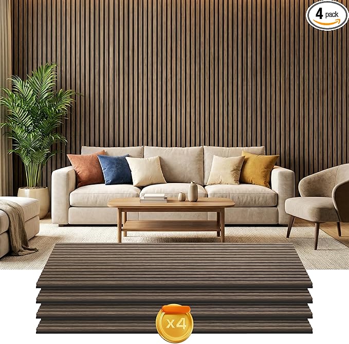 HOMCOM 4 Pack 3D Acoustic Panels, 47" x 24" Soundproof Wood Panels for Wall, Wood Slat Wall Paneling for Interior Ceiling, Office, Home Theater, Studio, Walnut
