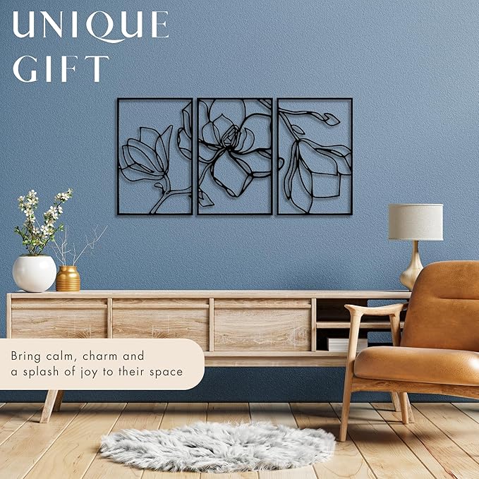 Wita Home Poppy Flower Metal Wall Art, 3-Panel Botanical Line Design, Modern Floral Wall Decor for Living Room, Bedroom, Office, Indoor & Outdoor Display (24×12 inches)