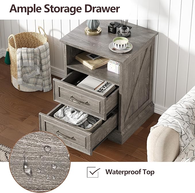 Nightstand with Charging Station,18" Wide End Table with 2 Large Drawers & Metal Handles,Rustic Farmhouse Wood Small Dresser,Bedside Table,Modern Chest of Drawers for Bedroom,Living Room,Dark Grey