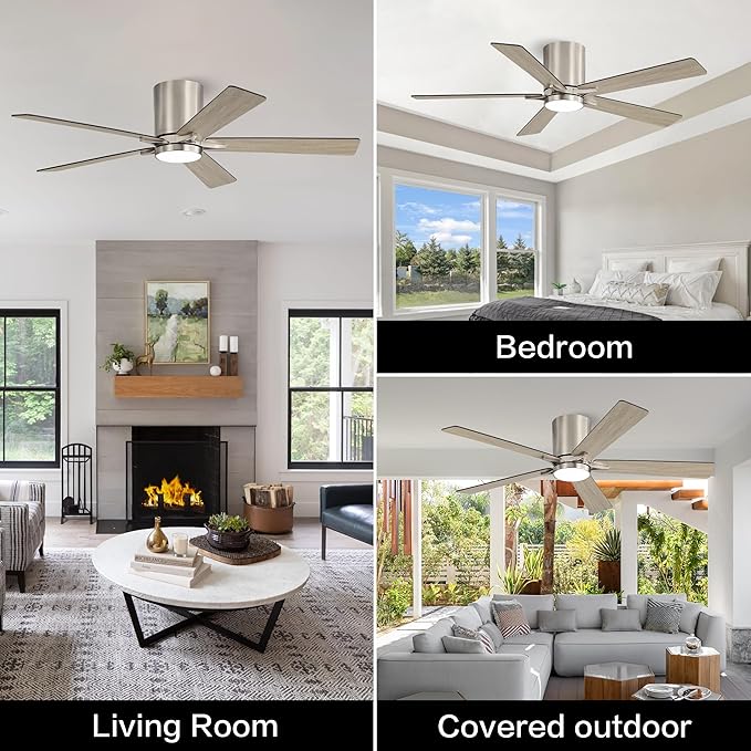 WINGBO 48" DC Flush Mount Ceiling Fan with Lights, 6-Speed Reversible DC Motor, 3CCT, Low Profile Hugger Ceiling Fan for Living Room Bedroom Kitchen, Nickel Finish and Black/Gray Blades