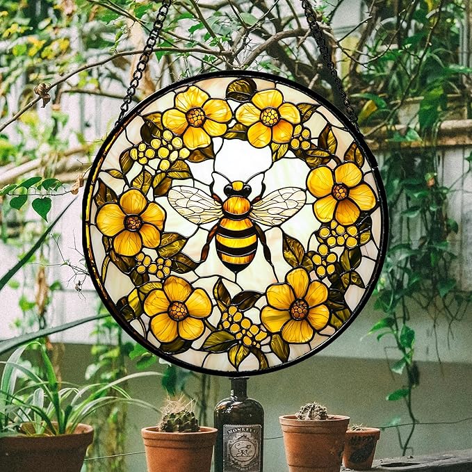 AMDERVEN Stained Glass Window Hanging - Yellow Flowers Surrounded by Bees Sun Catcher for Door Garden Home Decor Cute Suncatcher Christmas Mother's Day Birthday Gifts for Women Men Mom Nana 11.8 in