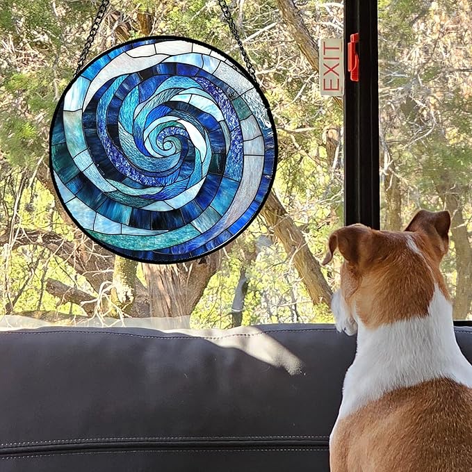CRISGIF Stained Glass Window Hanging - Blue Abstract Swirl Suncatcher for Doors Garden Patio Unique Sun Catchers Decor Christmas Mother's Day Birthday Gifts for Women Men Mom Nana Friend 6.3 in