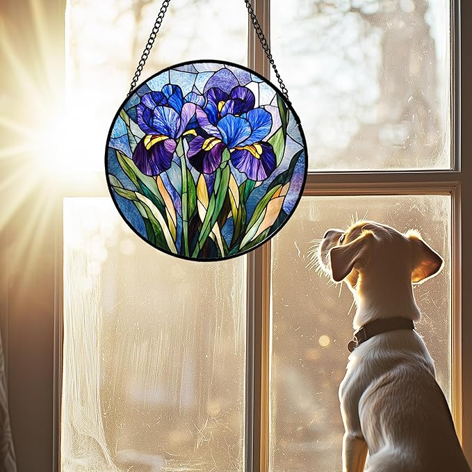 CRISGIF Stained Glass Window Hanging - Blue Purple Iris Flower Suncatcher for Door Garden Patio Sun Catchers Decor Christmas Mother's Day Birthday Gifts for Women Men Mom Nana Aunt Friend 11.8 in