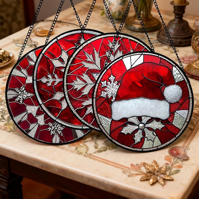 DASTOLL Stained Glass Window Hanging 4 Pcs Set Red Christmas Decorations Theme 9.8" - Suncatcher Door Garden Sun Catcher Decor Birthday for Mom Woman Nana Men Friend Wife