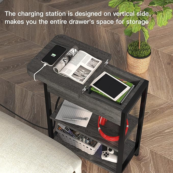 LIDYUK End Table with Charging Station, Flip Top Narrow Side Table for Small Spaces, Nightstands Set of 2 for Bedroom, End Tables Living Room Set of 2 with Storage Shelf, Dark Grey