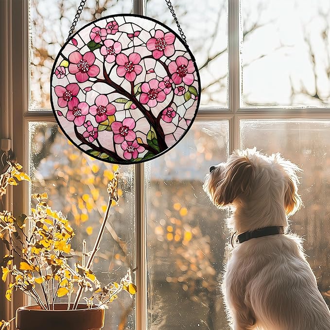 CRISGIF Stained Glass Window Hanging - Cherry Blossoms Birth Flower Suncatcher for Door Garden Patio Sun Catchers Decor Christmas Mother's Day Birthday Gifts for Women Mom Nana Friend Wife 15 in
