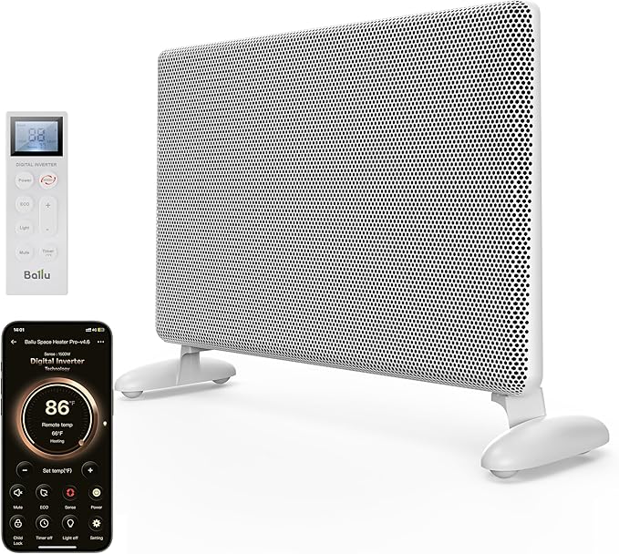 Ballu Mica Infrared Panel Space Heater for Large Room,Smart Quiet Heater with Programmable Thermostat,WiFi App Control,Inverter Energy Efficient for Indoor Use,Compatible with Alexa,White