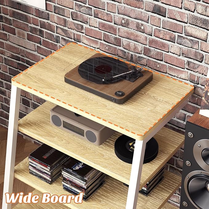 Besiost AV Media Stand with Outlets, Media Console with LED Lights, Stereo Racks and Stands with Storage Shelves, Media Audio Tower Cabinet, Natural Oak and White