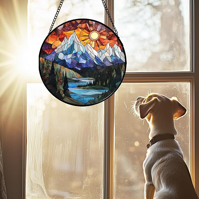 AMDERVEN Stained Glass Window Hanging - Colorful Mountain Lake Landscape Sun Catcher for Door Garden Home Decor Suncatcher Christmas Mother's Day Birthday Gifts for Women Men Mom Nana 9.8 in