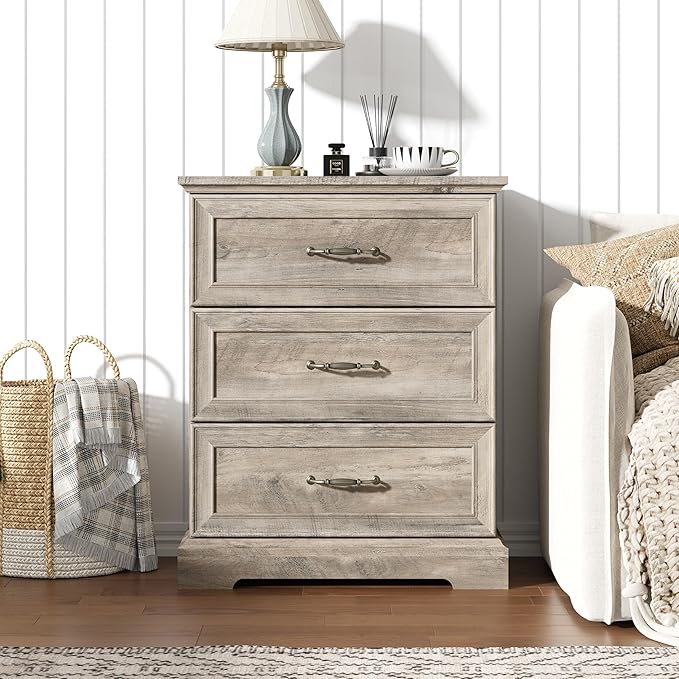 Nightstand Set of 2,24" Wide End Table with 3 Large Drawers & Metal Handles,Rustic Farmhouse Wood Small Dresser,Bedside Table,Modern Chest of Drawers for Bedroom,Living Room,Grey