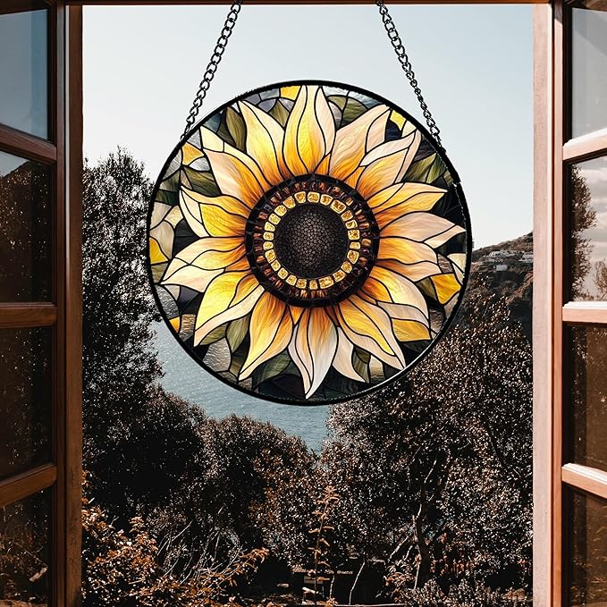 CRISGIF Stained Glass Window Hanging - Sunflower Suncatcher for Door Garden Patio Retro Flower Sun Catchers Decor Christmas Mother's Day Birthday Gifts for Women Mom Nana Friend Wife 9.8 in