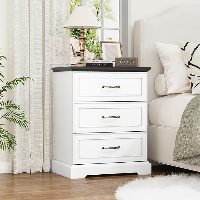 Nightstand Set of 2,24" Wide End Table with 3 Large Drawers & Metal Handles,Rustic Farmhouse Wood Small Dresser,Bedside Table,Modern Chest of Drawers for Bedroom,Living Room,White