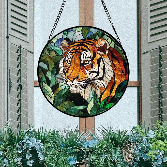 AMDERVEN Stained Glass Window Hanging, Fierce Tiger Sun Catcher for Door Home Decor Wild Animals Suncatcher Christmas Mother's Day Birthday Gifts for Women Men Mom and Nana 11.8 in