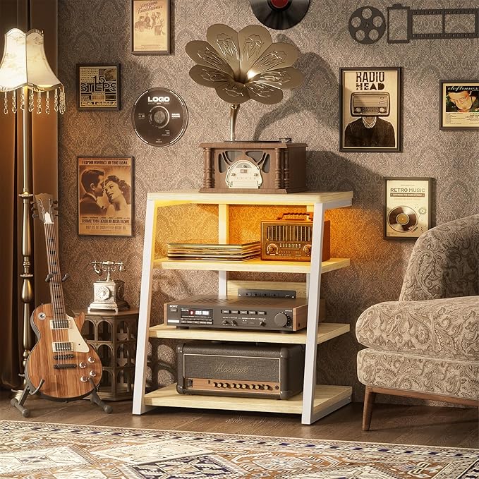 Besiost AV Media Stand with Outlets, Media Console with LED Lights, Stereo Racks and Stands with Storage Shelves, Media Audio Tower Cabinet, Natural Oak and White