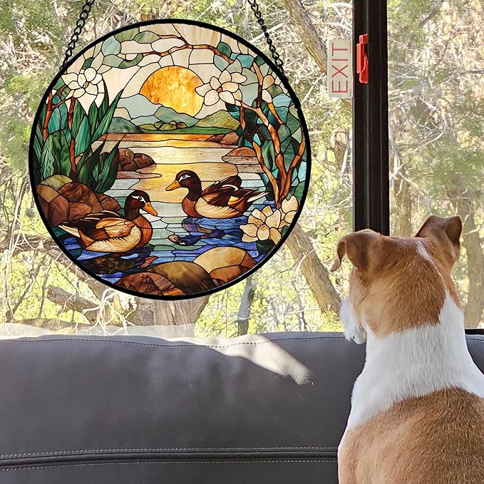 AMDERVEN Stained Glass Window Hanging, Ducks in The Pond Sun Catcher for Door Home Decor Landscape Plant Suncatcher Christmas Mother's Day Birthday Gifts for Women Men Mom Nana 11.8 in