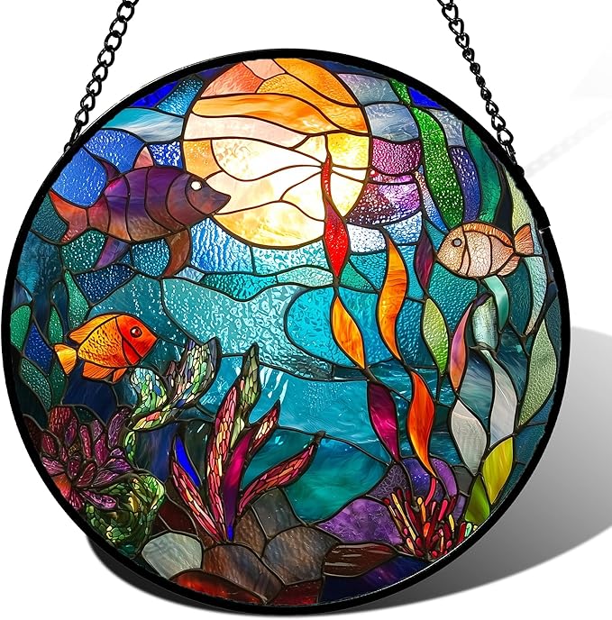 AMDERVEN Stained Glass Window Hanging - Blue Ocean World Small Fish Coral Sun Catcher for Door Garden Home Decor Sea Suncatcher Christmas Mother's Day Birthday Gifts for Women Men Mom Nana 7.8 in