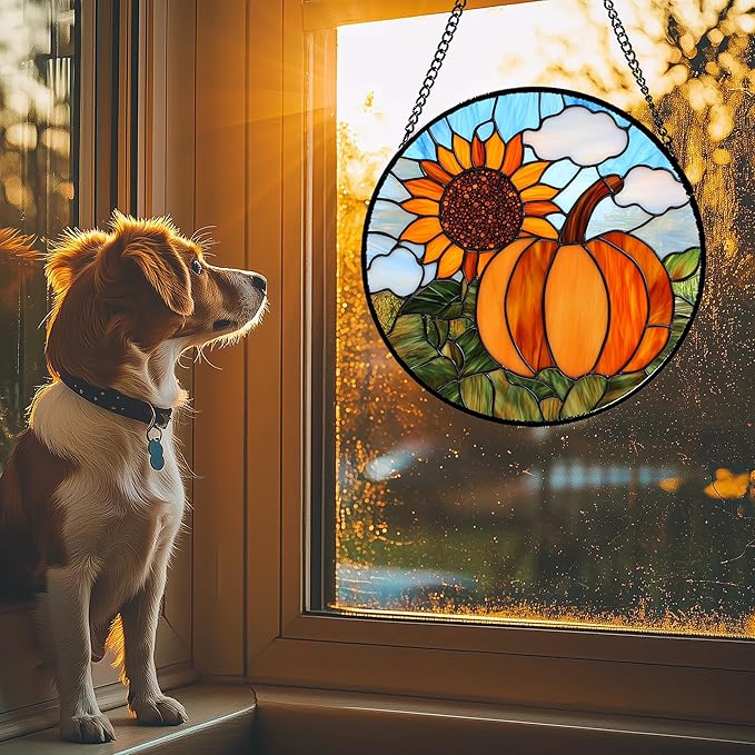 DASTOLL Stained Glass Window Hanging Fall Farm Scenery Sunflower Pumpkin 9.8" - Suncatcher Door Garden Kitchen Sunroom Sun Catcher Home Decor Birthday for Mom Grandma Men Woman