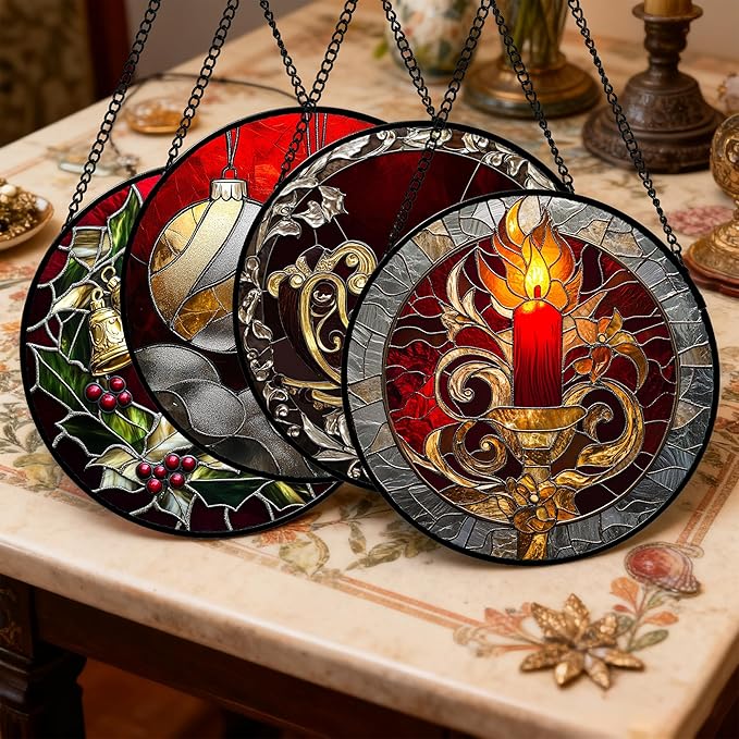 AMDERVEN Stained Glass Window Hanging 4 Pcs Set Christmas Golden Bell Sleigh 9.8" - Suncatcher Door Garden Sun Catcher Decor Birthday Mother's Day Xmas Gifts for Mom Woman Nana Men Parents