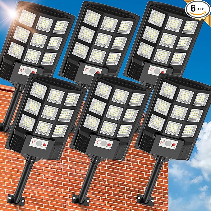 Solar Street Lights Outdoor Waterproof,6500K LED Dusk to Dawn Solar Light,260° Angle Flood light with Motion Sensor and Remote Control for Outdoor,Parking Lot, Courtyards,Parking Garages 6-Pack