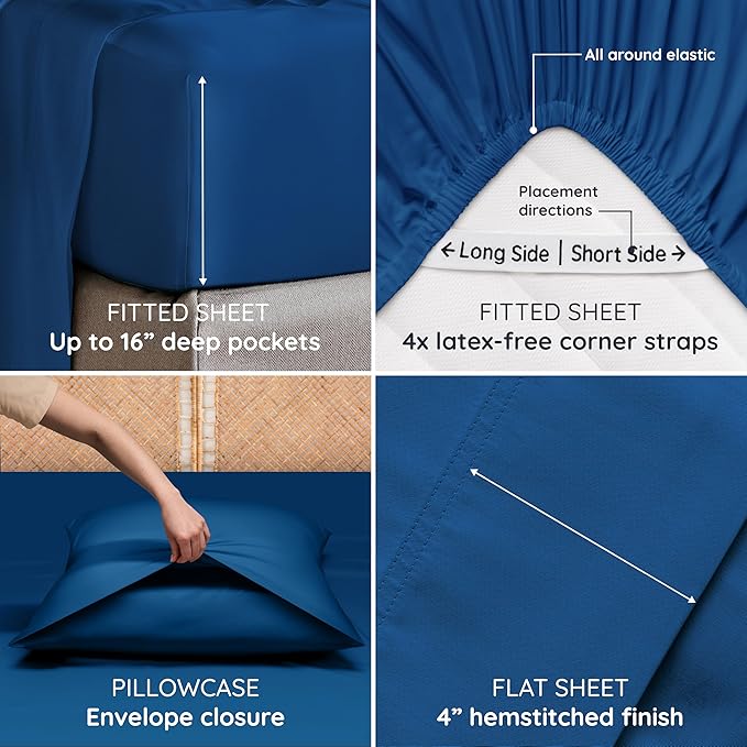 Bambaw King Sheet Set 6pcs – 100% Viscose Derived from Bamboo Sheets, Buttery Soft Bed Sheets, Cooling Sheets for Hot Sleepers, King Bed Sheets with Corner Straps, Fits Up to 16'' (Navy Blue)